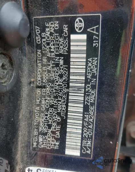 2007 Toyota Corolla Ce из США, поврежденный, VIN JTDBR32E970135271